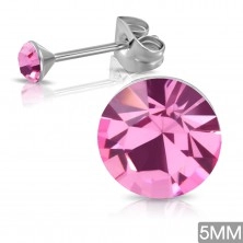 Steel earrings with stud fastening, round pink zircon in mount