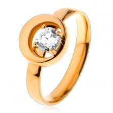 Ring made of 316L steel in gold hue, round clear zircon in circle with cut-out