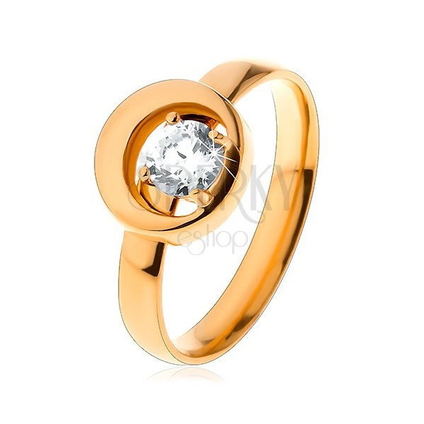 Ring made of 316L steel in gold hue, round clear zircon in circle with cut-out