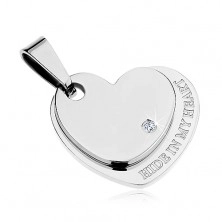 Pendant made of surgical steel, shiny double heart in silver colour, zircon, inscription