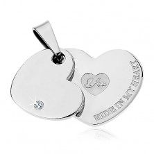 Pendant made of surgical steel, shiny double heart in silver colour, zircon, inscription