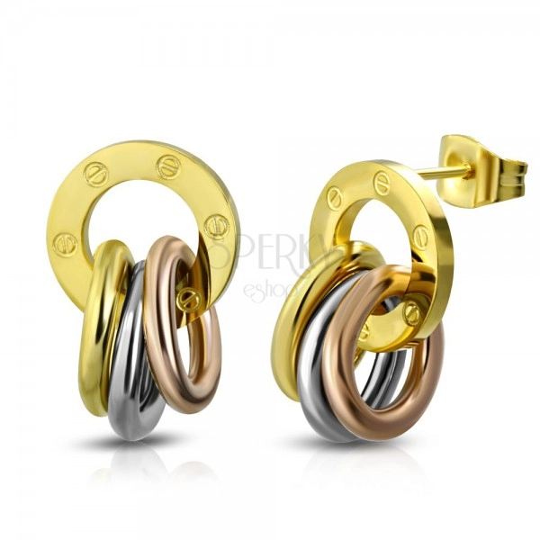 Earrings made of 316L steel, shiny hoop and rings in gold, silver and copper colours