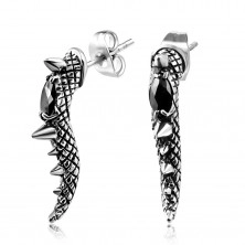 Steel earrings - patinated dragon tail with spikes and black zircon