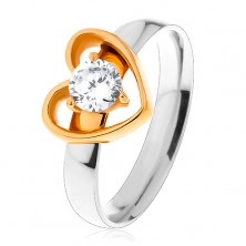Steel ring - bicoloured, thin heart contour, round clear zircon