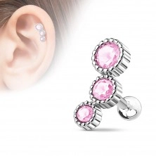 Steel tragus piercing, triplet of round colourful zircons