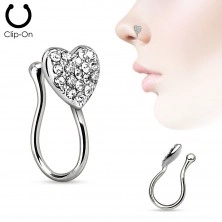 Fake nose piercing made of surgical steel, glossy zircon heart