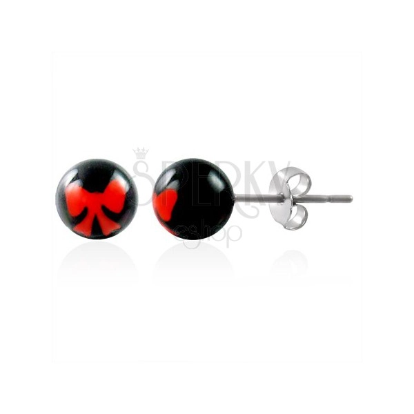 Black stainless steel earrings - red bow