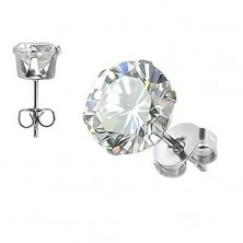 Steel stud earrings, round zircon in clear colour, 6 mm