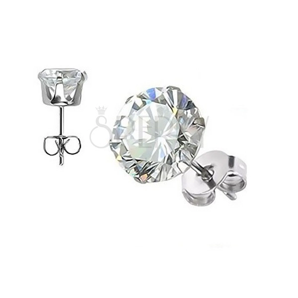 Steel stud earrings, round zircon in clear colour, 6 mm