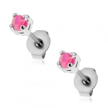 Earrings made of surgical steel, round synthetic opal in pink colour, studs, 3 mm