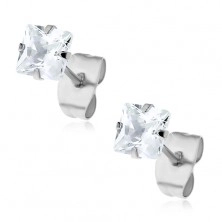 Sparkly earrings - 316L steel, square zircon in clear colour, studs, 5 mm