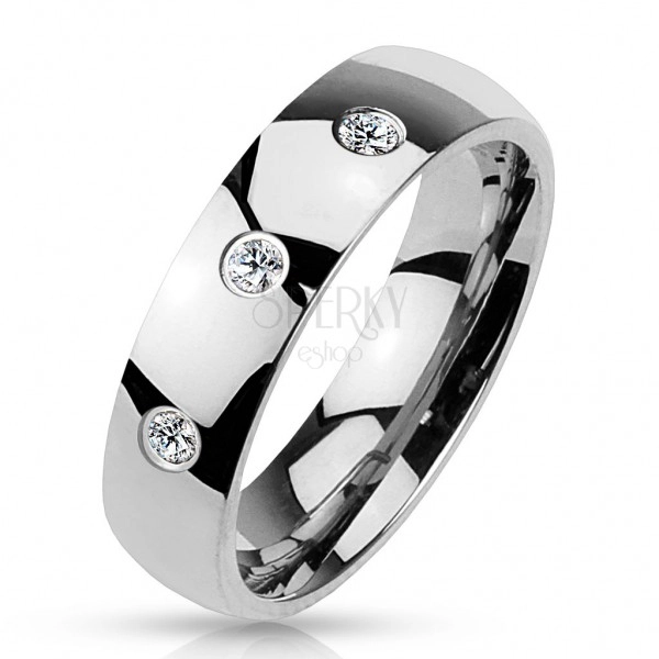 Band in silver colour made of 316L steel, shiny smooth surface, three zircons, 4 mm