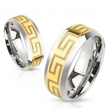 Ring made of surgical steel, middle strip in gold colour, Greek key, 8 mm