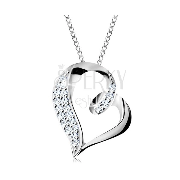 925 silver necklace, asymmetric heart contour with hook and zircons