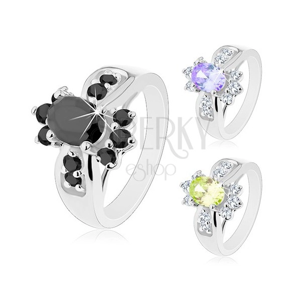 Ring in silver colour, coloured zircon oval and round clear zircons