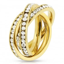 Triple ring made of 316L steel in gold colour, loops with round clear zircons