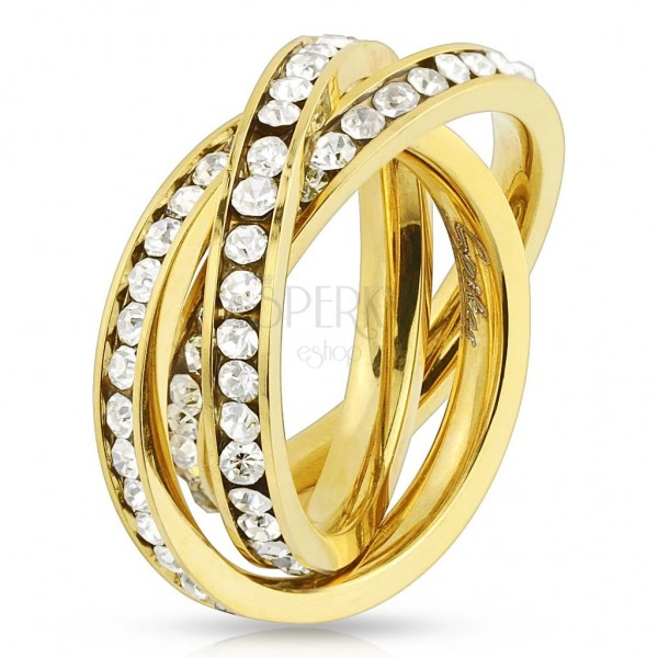 Triple ring made of 316L steel in gold colour, loops with round clear zircons