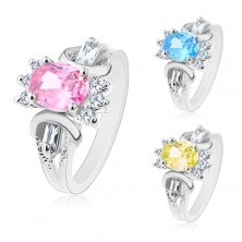 Ring in silver hue, cut coloured oval, round and oblong clear zircons