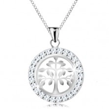 925 silver necklace, pendant - shiny tree of life in glossy circle