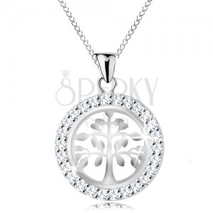 925 silver necklace, pendant - shiny tree of life in glossy circle