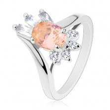 Ring in silver colour, big oval zircon, oblong and round zircons