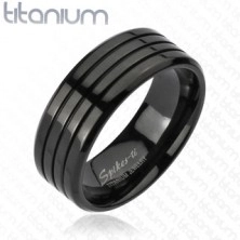 Black ring made of titanium with three thin notches, high gloss, 8 mm