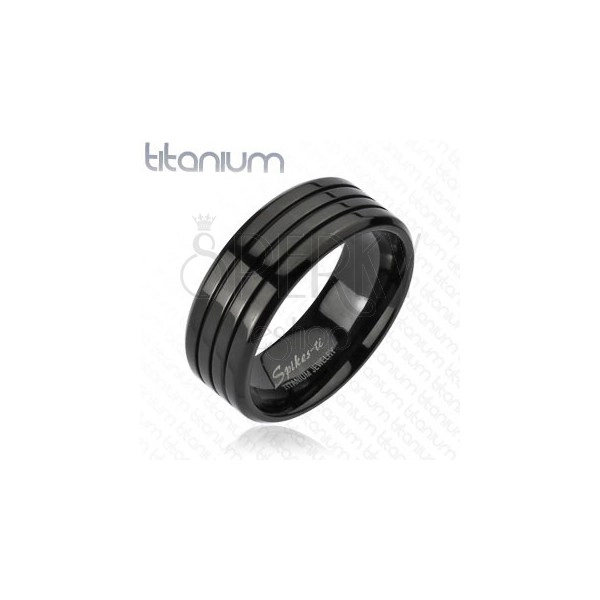 Black ring made of titanium with three thin notches, high gloss, 8 mm