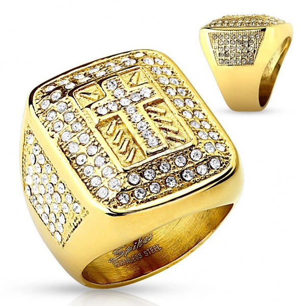 Massive ring in gold colour, 316L steel, clear zircons, Latin cross, notches