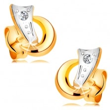Bicoloured earrings made of 14K gold - two arcs and glistening diamond in clear colour