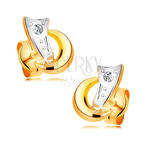 Bicoloured earrings made of 14K gold - two arcs and glistening diamond in clear colour
