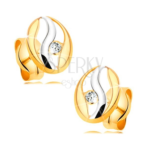 Diamond earrings made of 14K gold - oval contour with wave made of white gold, brilliant