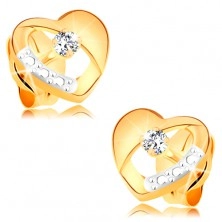 Earrings made of 14K gold - symmetric bicoloured heart with diamond and cut-out