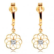 Diamond earrings made of yellow 14K gold - dangling flower with glossy diamond