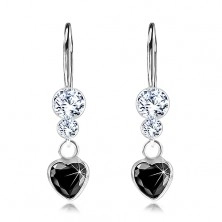 925 silver earrings, black zircon heart, clear Swarovski crystals