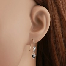 925 silver earrings, black zircon heart, clear Swarovski crystals