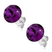 Stud earrings made of 925 silver, glossy violet Swarovski crystal, 9 mm