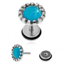 Steel fake ear plug, synthetic stone - cat's eye in light blue colour