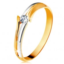 Diamond 585 gold ring, sparkly clear brilliant, split bicoloured shoulders