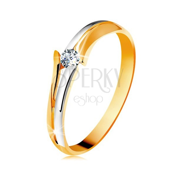 Diamond 585 gold ring, sparkly clear brilliant, split bicoloured shoulders