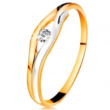 Brilliant ring made of 14K gold - diamond in narrow cut-out, bicoloured lines