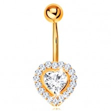 Bellybutton piercing made of yellow 9K gold - clear zircon heart lined with zircons