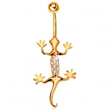 Bellybutton piercing made of yellow 9K gold - lizard adorned with clear zircons