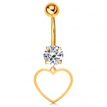 9K gold piercing for belly - clear zircon, thin contour of symmetric heart