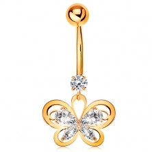 Bellybutton piercing made of yellow 14K gold - butterfly contour with clear zircons