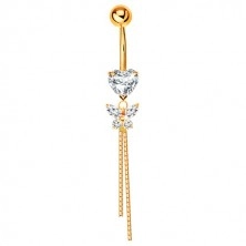 Bellybutton piercing made of yellow 14K gold - zircon heart and butterfly, chains