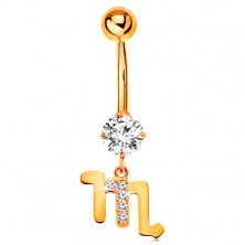 Bellybutton piercing made of yellow 375 gold - clear zircon, symbol of zodiac sign - SCORPIO