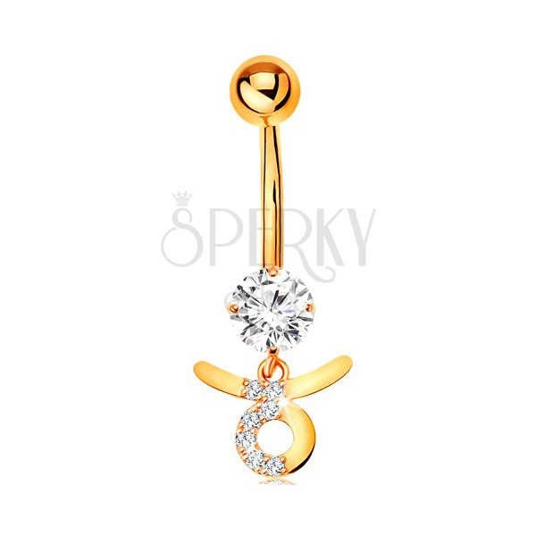 Bellybutton piercing made of yellow 9K gold - clear zircon, symbol of zodiac sign TAURUS