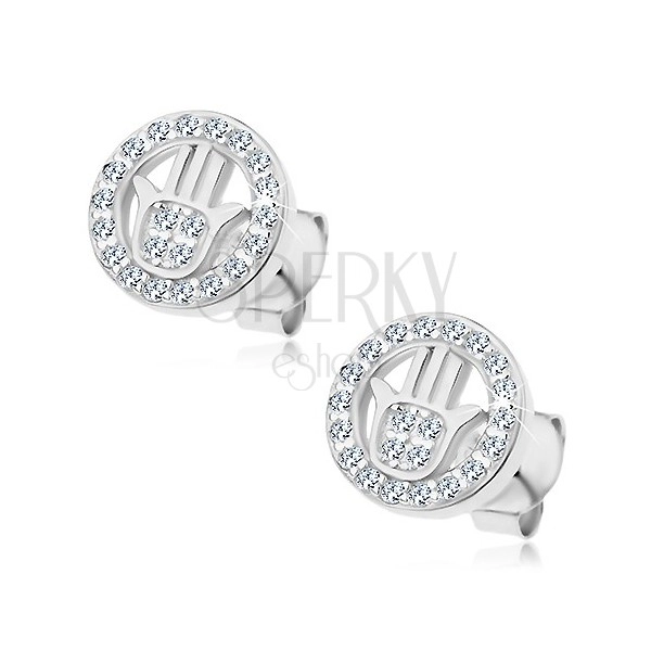 Stud earrings - 925 silver, Fatima's hand in circle, clear zircons
