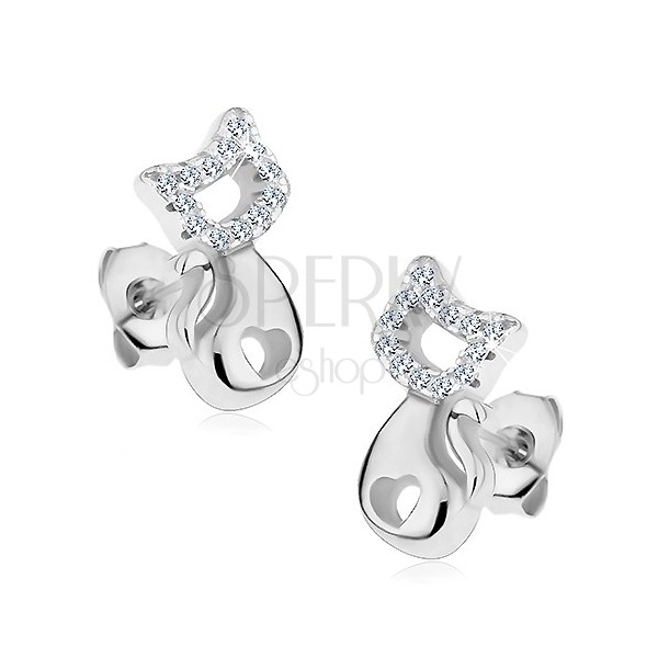 925 silver earrings, shiny cat with heart cut-out and clear zircons