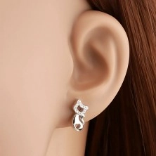 925 silver earrings, shiny cat with heart cut-out and clear zircons